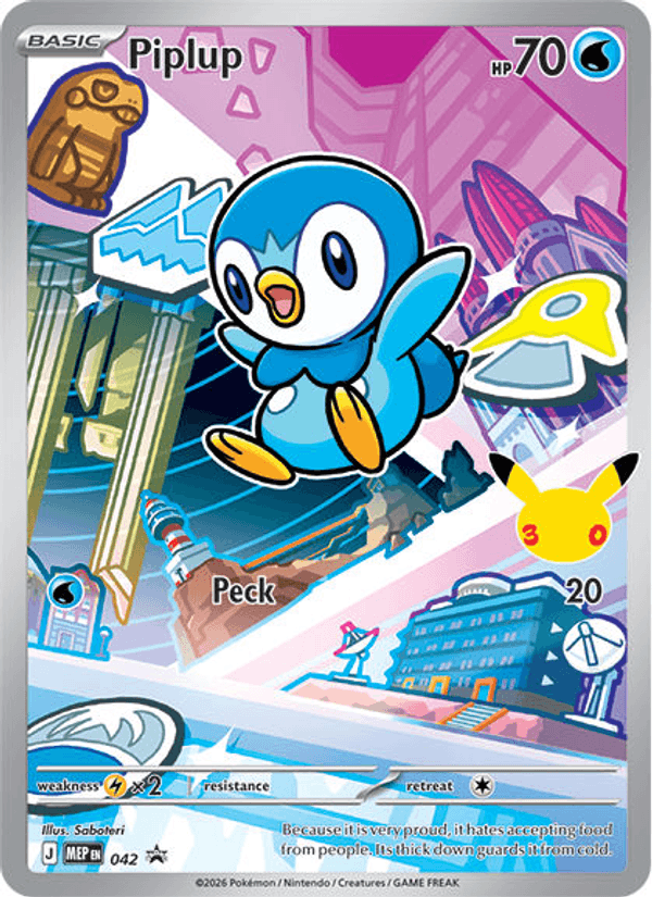 Piplup card 042 from MEP Black Star Promos, illustrated by Saboteri