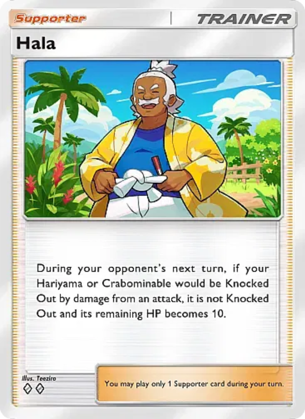 Hala (B1-222) Trainer card from Mega Rising set, illustrated by Teeziro