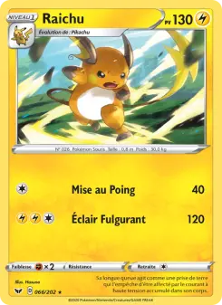 Photo carte Pokemon Raichu Épée et Bouclier 66/202