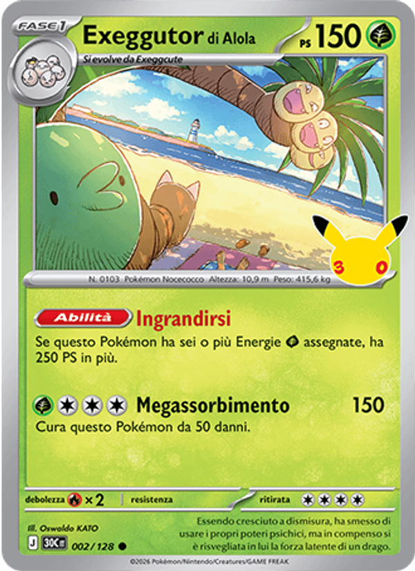 Carta Exeggutor di Alola del set 30° Anniversario, illustrazione di Oswaldo KATO