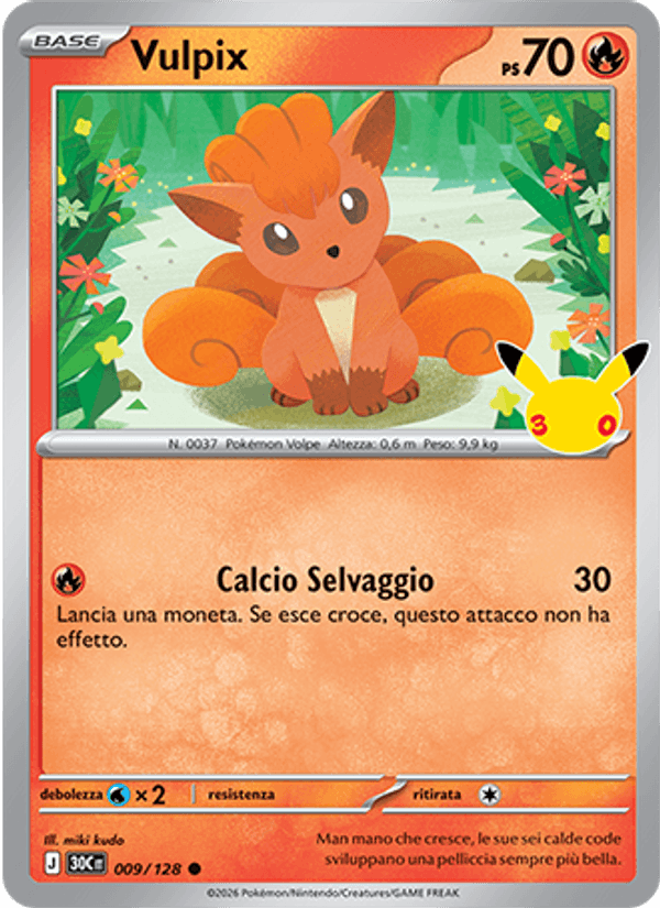 Carta Vulpix del set 30° Anniversario, illustrazione di miki kudo
