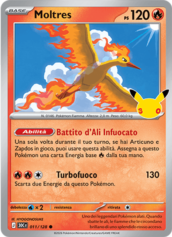 Carta Moltres del set 30° Anniversario, illustrazione di HYOGONOSUKE
