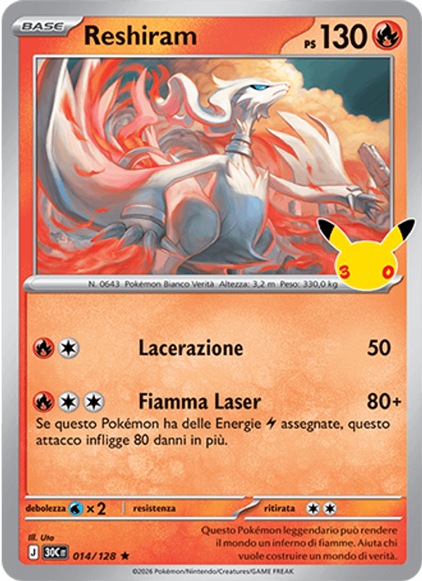 Carta Reshiram del set 30° Anniversario, illustrazione di Uta