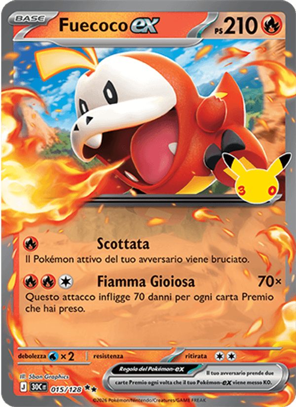 Carta Fuecoco-ex del set 30° Anniversario, illustrazione di 5ban Graphics