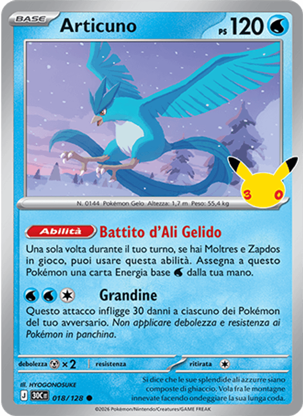 Carta Articuno del set 30° Anniversario, illustrazione di HYOGONOSUKE