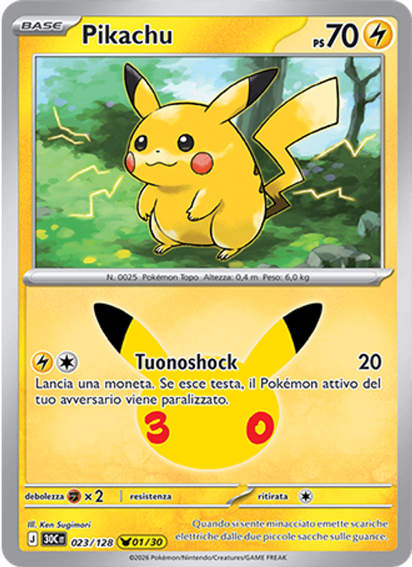 Carta Pikachu del set 30° Anniversario, illustrazione di Ken Sugimori