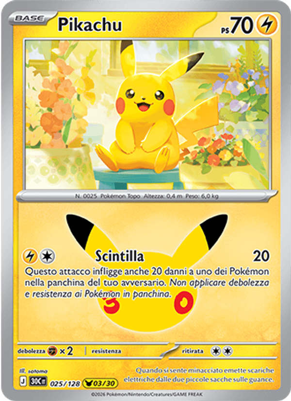Carta Pikachu del set 30° Anniversario, illustrazione di satoma