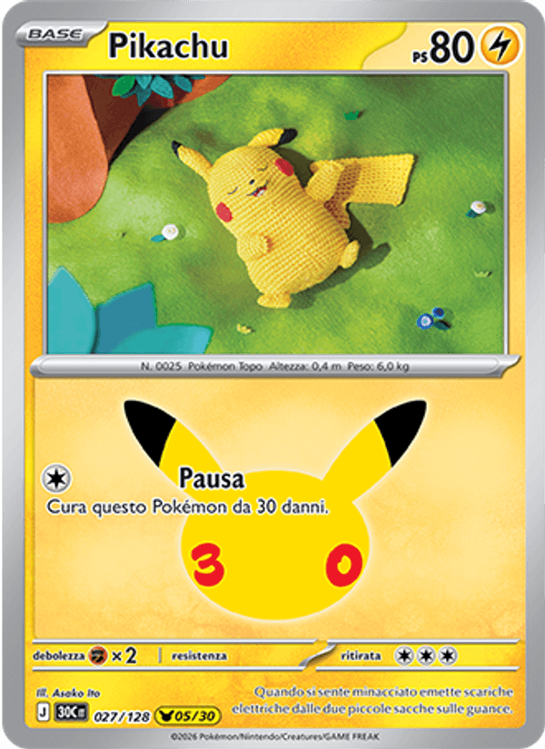 Carta Pikachu del set 30° Anniversario, illustrazione di Asako Ito