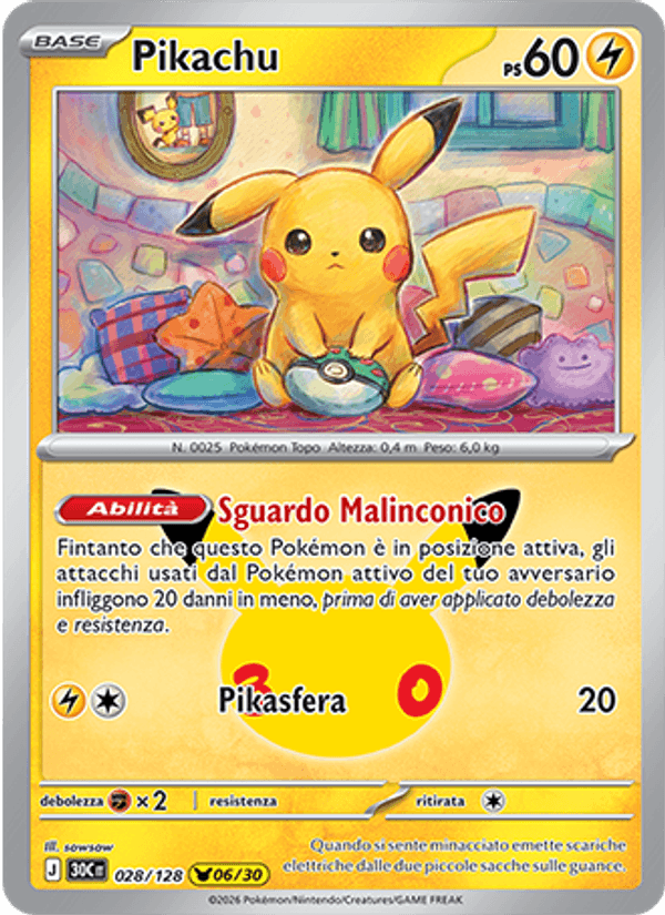 Carta Pikachu del set 30° Anniversario, illustrazione di sowsow