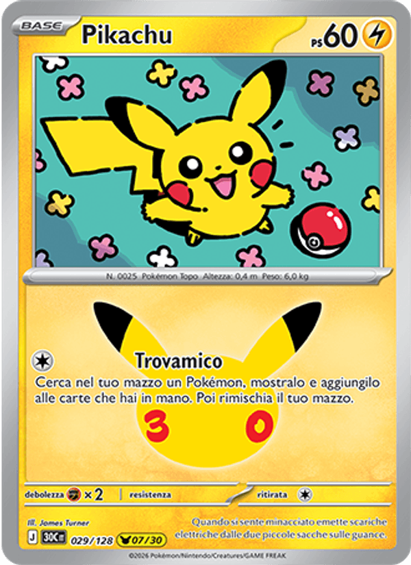 Carta Pikachu del set 30° Anniversario, illustrazione di James Turner