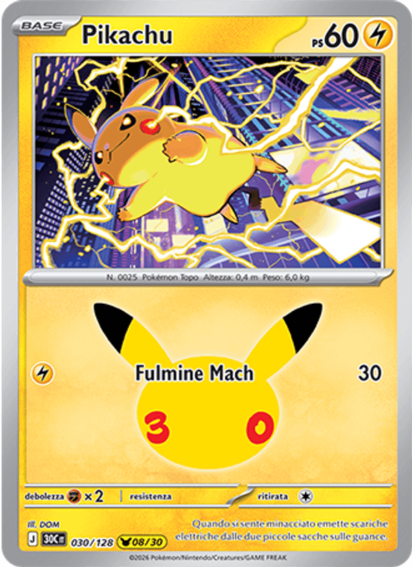 Carta Pikachu del set 30° Anniversario, illustrazione di DOM