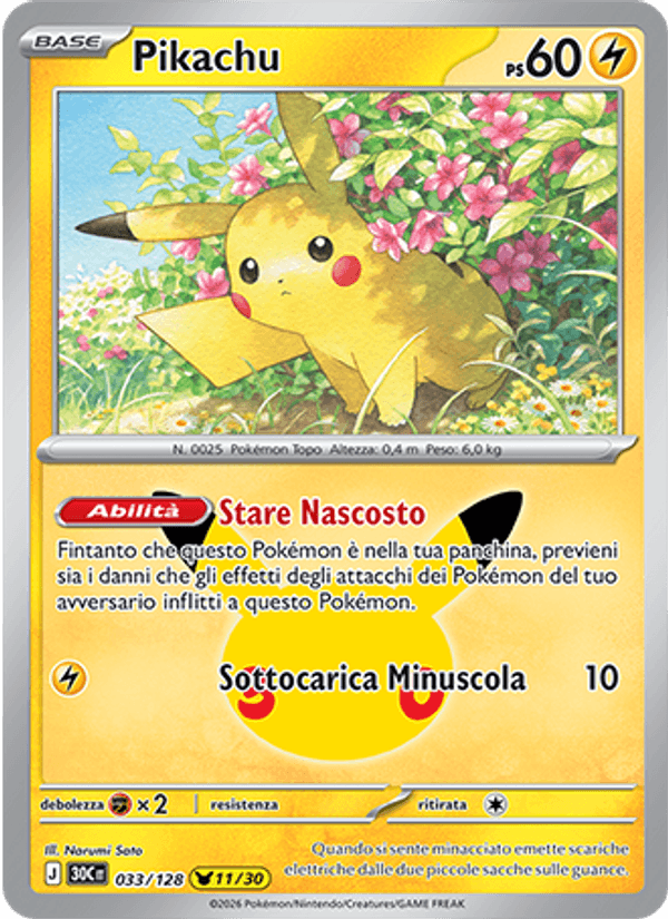 Carta Pikachu del set 30° Anniversario, illustrazione di Narumi Sato