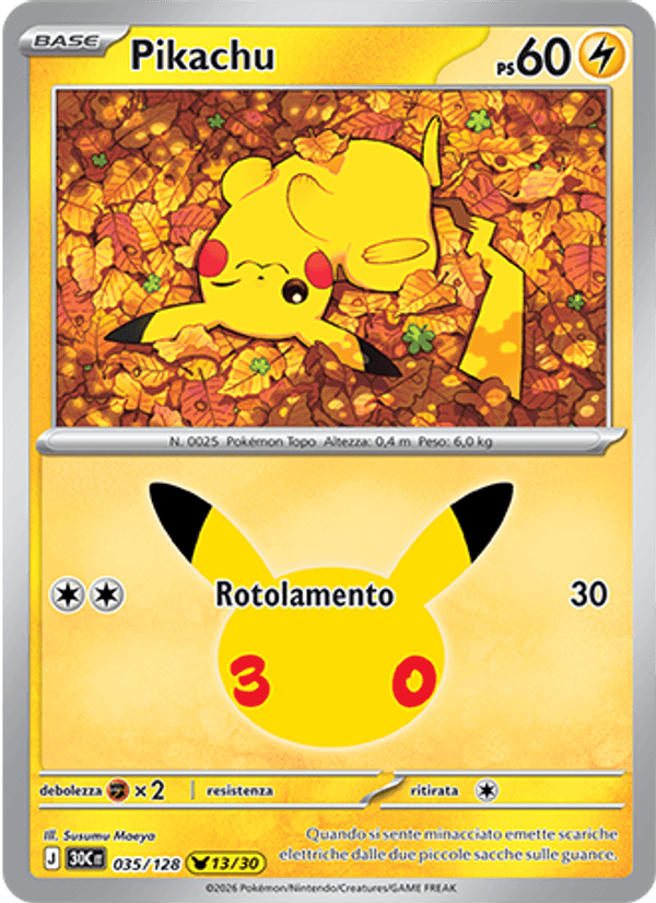 Carta Pikachu del set 30° Anniversario, illustrazione di Susumu Maeya