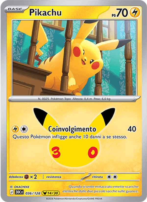 Carta Pikachu del set 30° Anniversario, illustrazione di OKACHEKE