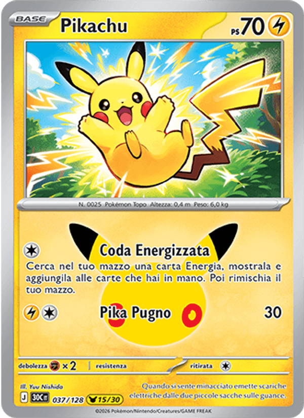 Carta Pikachu del set 30° Anniversario, illustrazione di Yuu Nishida