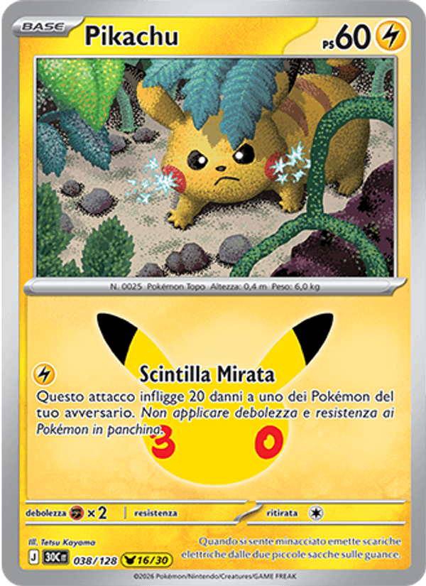 Carta Pikachu del set 30° Anniversario, illustrazione di Tetsu Kayama