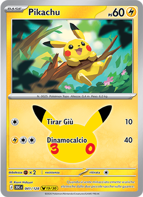 Carta Pikachu del set 30° Anniversario, illustrazione di Rianti Hidayat