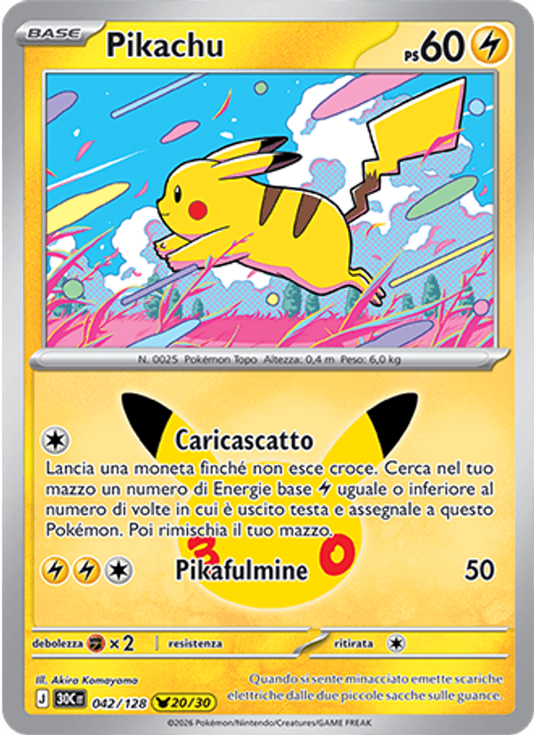 Carta Pikachu del set 30° Anniversario, illustrazione di Akira Komayama