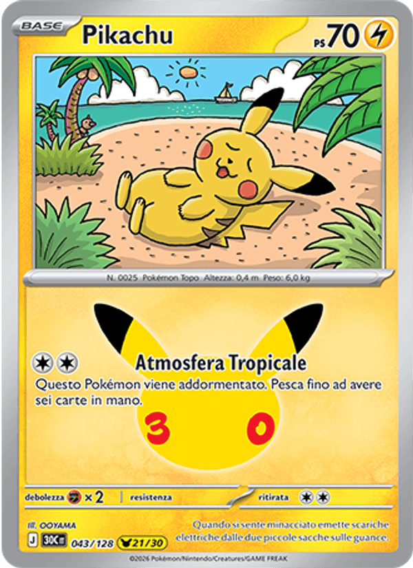 Carta Pikachu del set 30° Anniversario, illustrazione di OOYAMA