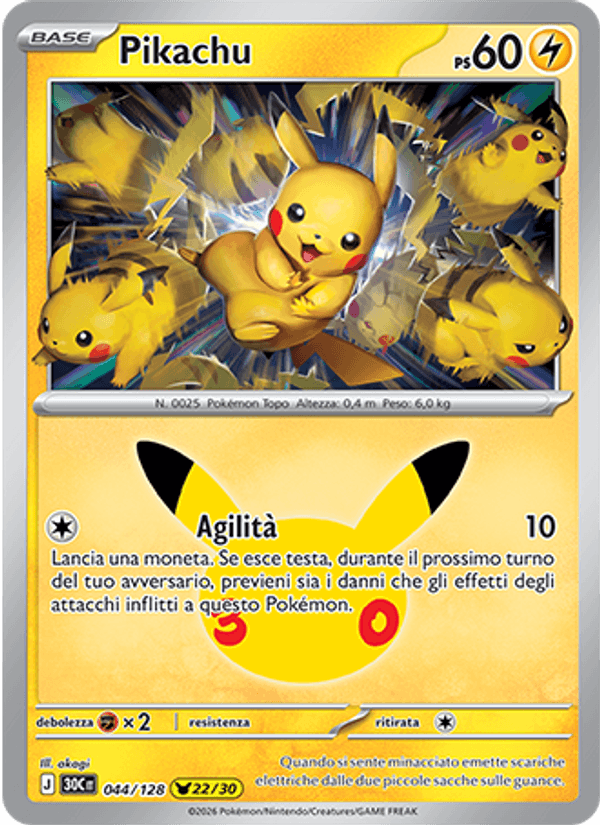 Carta Pikachu del set 30° Anniversario, illustrazione di akagi