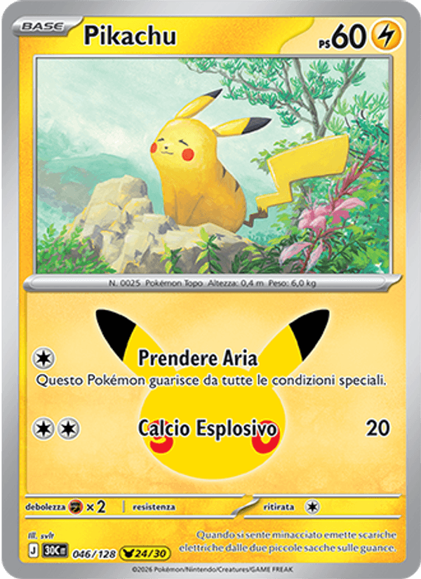 Carta Pikachu del set 30° Anniversario, illustrazione di svlt
