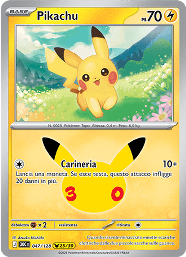 Carta Pikachu del set 30° Anniversario, illustrazione di Atsuko Nishida