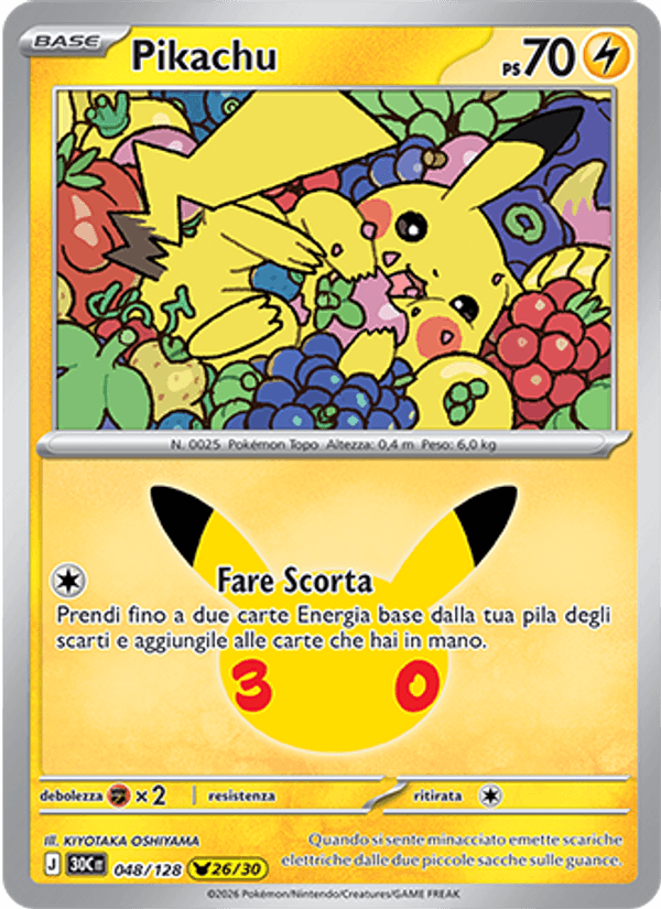 Carta Pikachu del set 30° Anniversario, illustrazione di KIYOTAKA OSHIYAMA