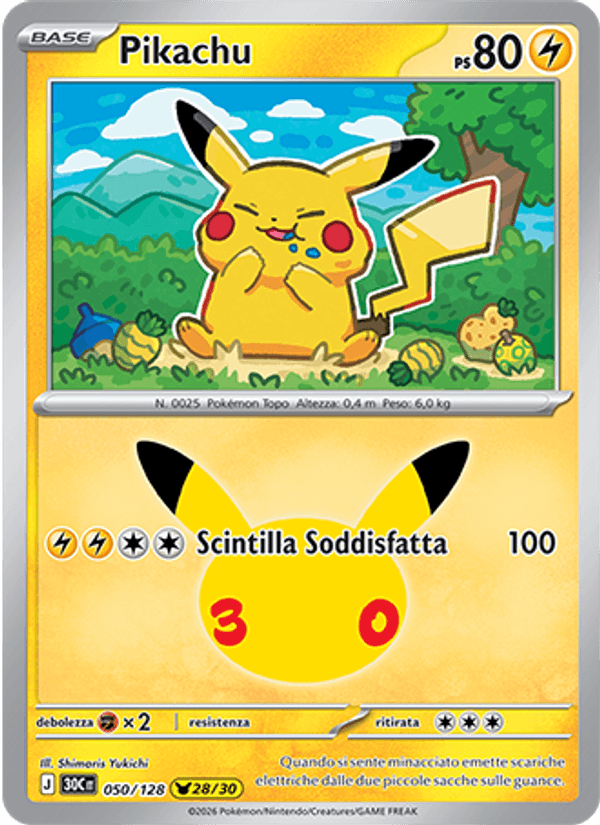 Carta Pikachu del set 30° Anniversario, illustrazione di Shimaris Yukichi