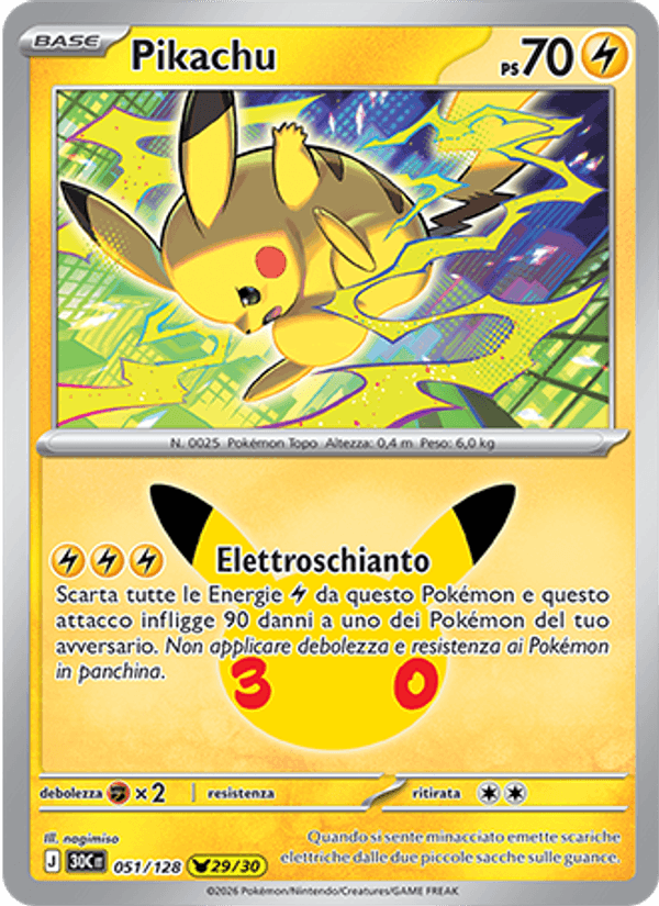 Carta Pikachu del set 30° Anniversario, illustrazione di nagimiso