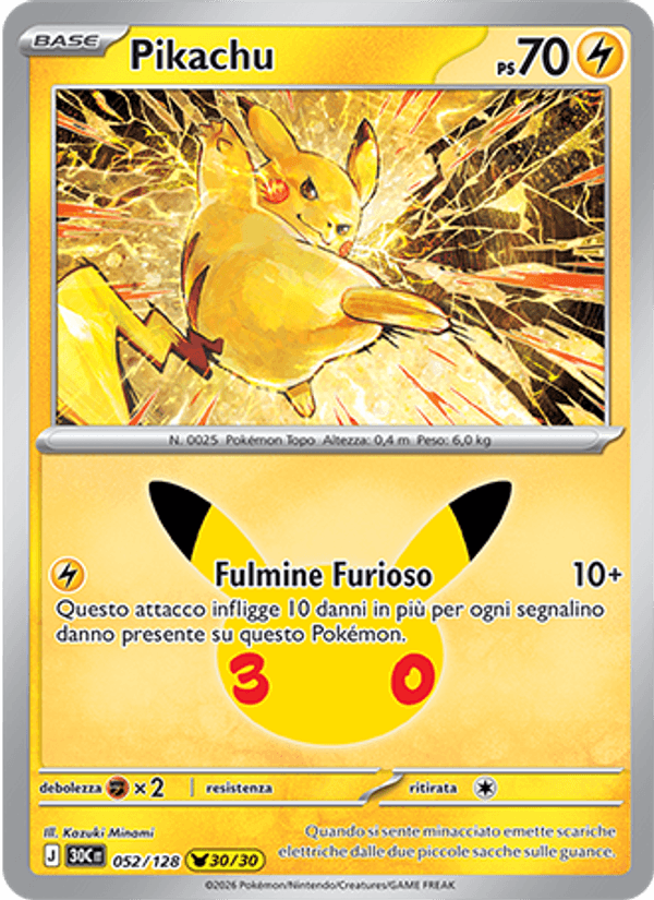 Carta Pikachu del set 30° Anniversario, illustrazione di Kazuki Minami