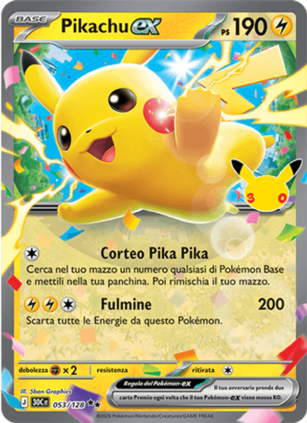 Carta Pikachu-ex del set 30° Anniversario, illustrazione di 5ban Graphics