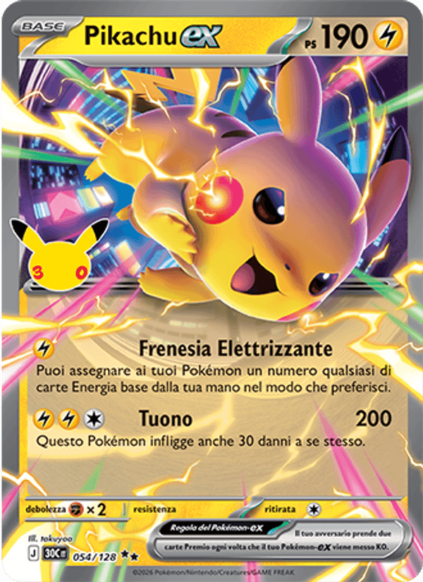 Carta Pikachu-ex del set 30° Anniversario, illustrazione di takuyoa