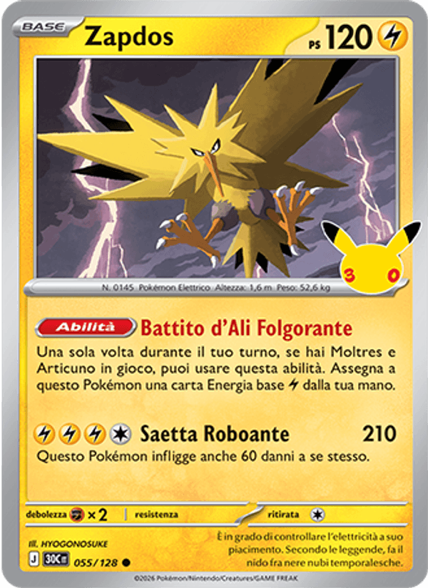 Carta Zapdos del set 30° Anniversario, illustrazione di HYOGONOSUKE