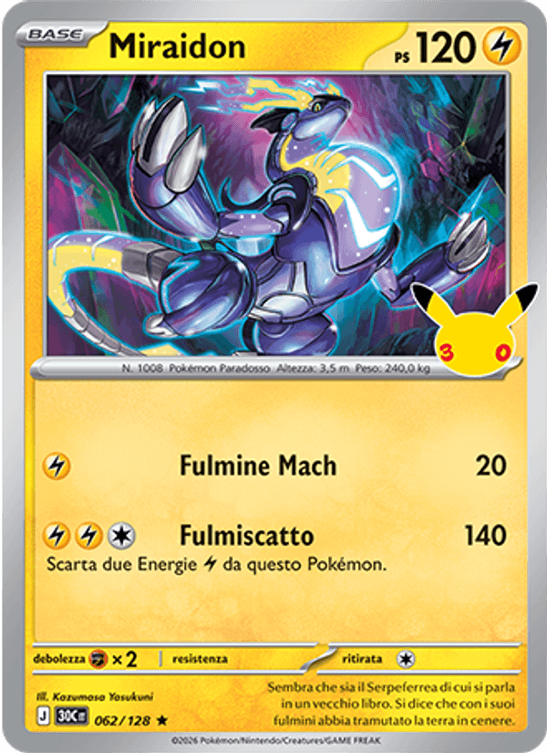 Carta Miraidon del set 30° Anniversario, illustrazione di Kazumasa Yasukuni