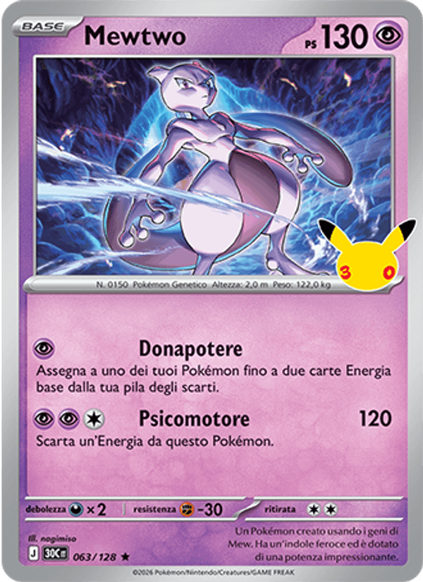 Carta Mewtwo del set 30° Anniversario, illustrazione di nagimiso
