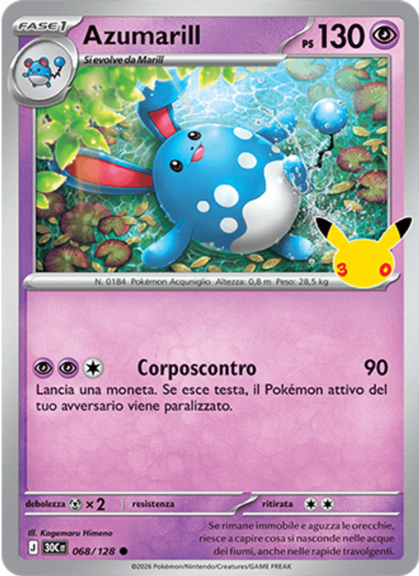 Carta Azumarill del set 30° Anniversario, illustrazione di Kagemaru Himeno