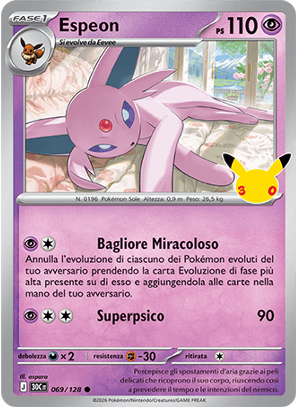 Carta Espeon del set 30° Anniversario, illustrazione di aspara