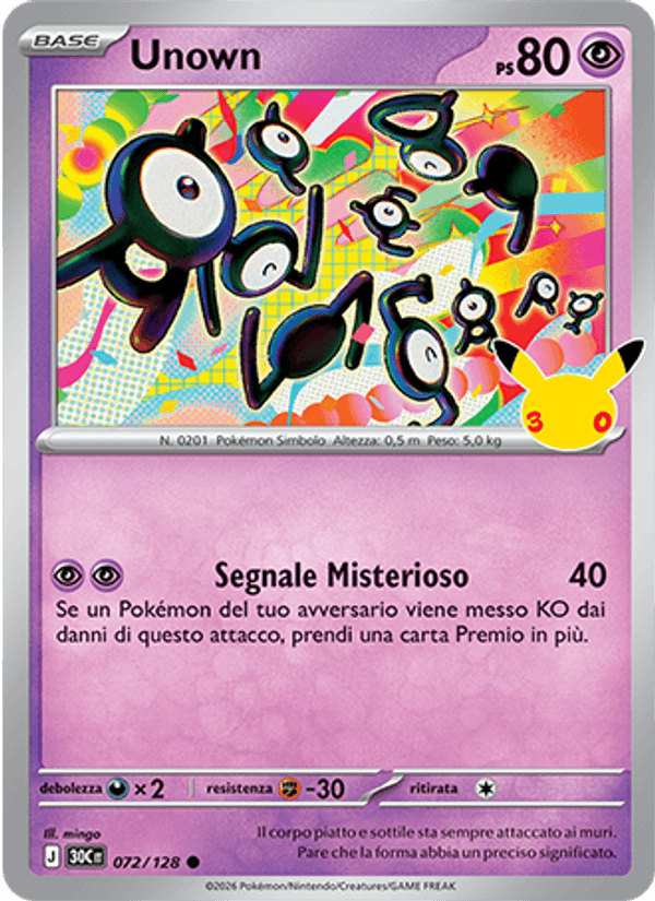 Carta Unown del set 30° Anniversario, illustrazione di mingo