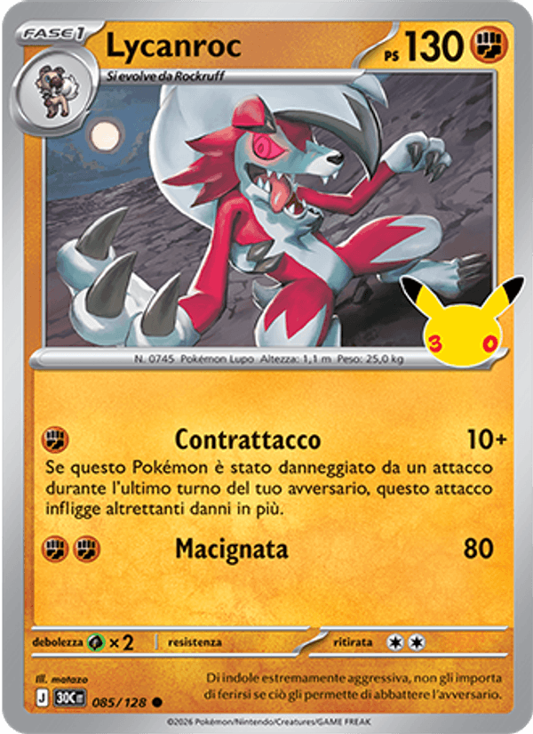 Carta Lycanroc del set 30° Anniversario, illustrazione di matazo