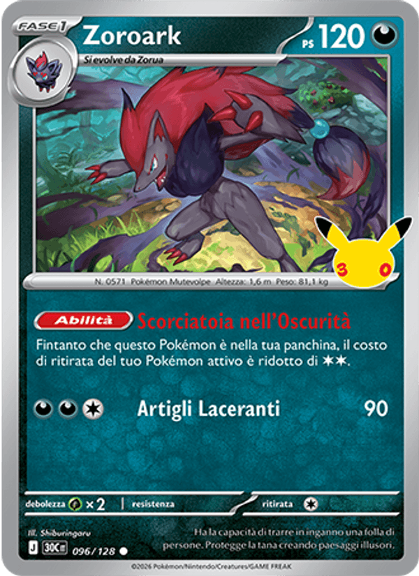 Carta Zoroark del set 30° Anniversario, illustrazione di Shiburingaru