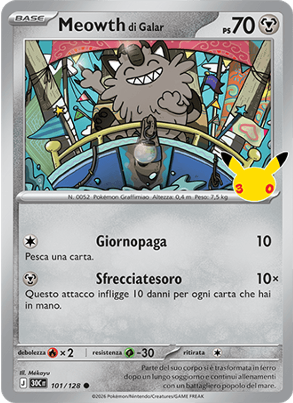 Carta Meowth di Galar del set 30° Anniversario, illustrazione di Mékayu