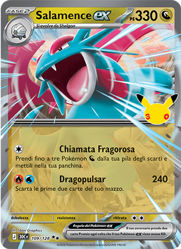Carta Salamence-ex del set 30° Anniversario, illustrazione di 5ban Graphics