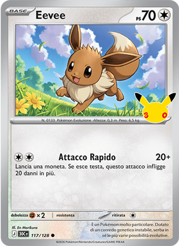 Carta Eevee del set 30° Anniversario, illustrazione di En Morikura