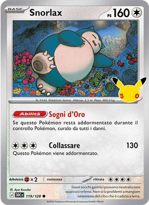 Carta Snorlax del set 30° Anniversario, illustrazione di Aya Kusube
