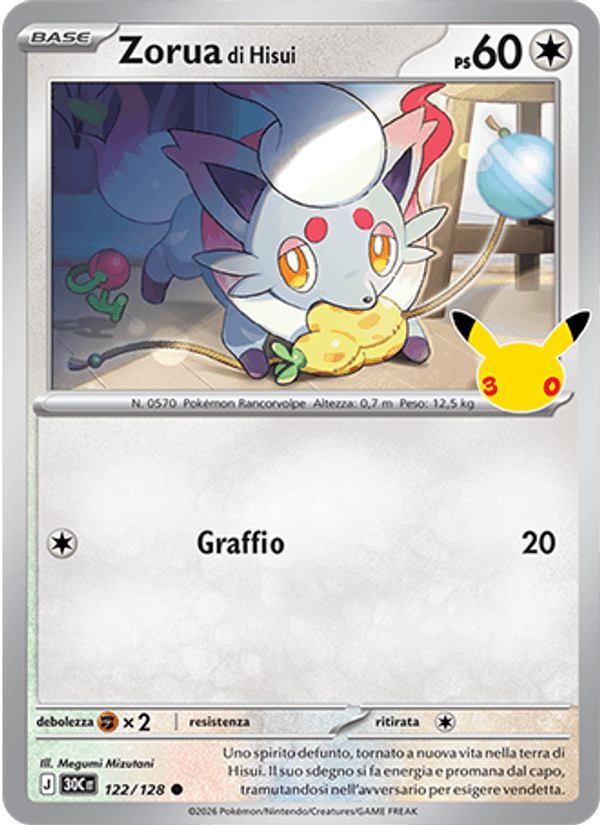 Carta Zorua di Hisui del set 30° Anniversario, illustrazione di Megumi Mizutani