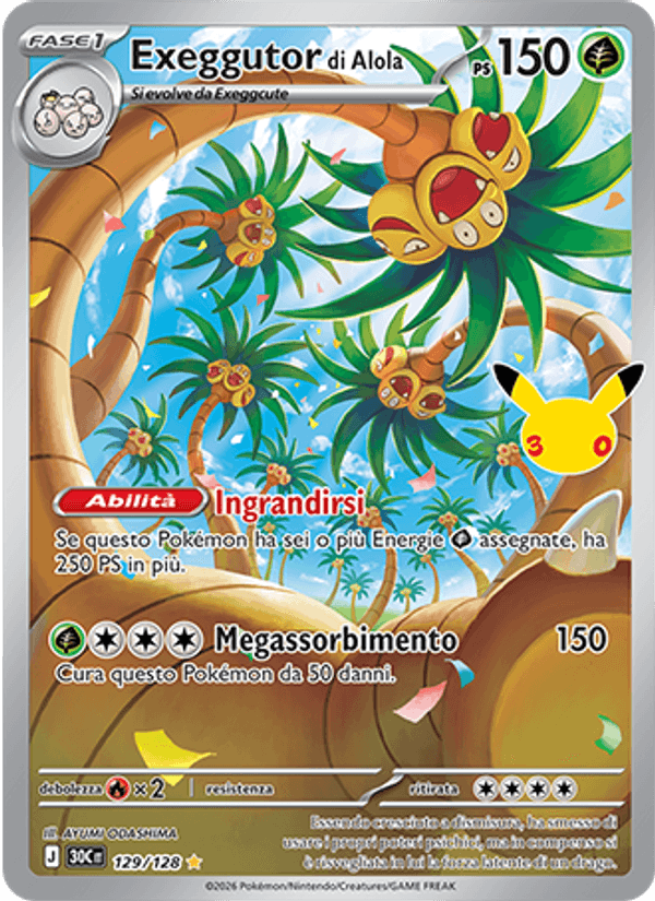 Carta Exeggutor di Alola del set 30° Anniversario, illustrazione di AYUMI ODASHIMA