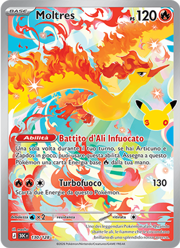 Carta Moltres del set 30° Anniversario, illustrazione di mashu
