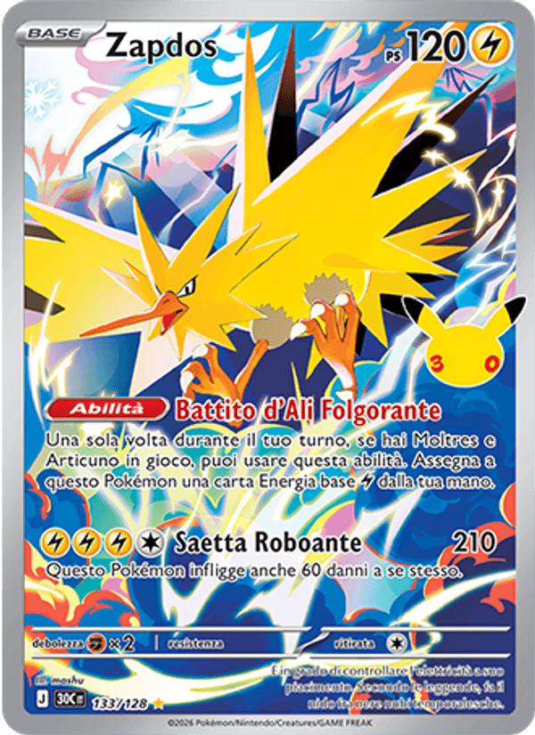 Carta Zapdos del set 30° Anniversario, illustrazione di mashu