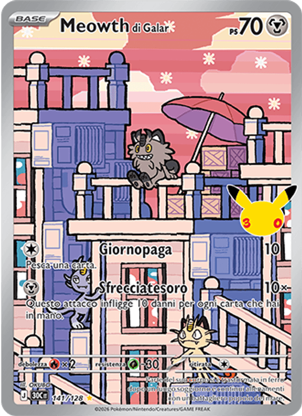 Carta Meowth di Galar del set 30° Anniversario, illustrazione di OKUBO