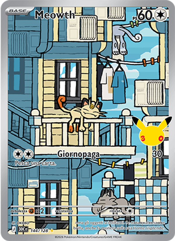 Carta Meowth del set 30° Anniversario, illustrazione di OKUBO